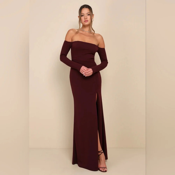 Lulus Alluring Sophistication Dark Plum Off-the-Shoulder Maxi Dress XL Wedding - Picture 2 of 9